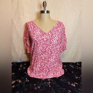 LOFT Pink and White Floral V-Neck Blouse
